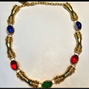 Vintage Cineart Paris Glass Gripoix Cabochon Necklace. Bamboo link motif